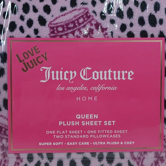 Juicy Couture Queen Plush Sheet Set Leopard & Logo Crown Print Purple Pink - Picture 4 of 10